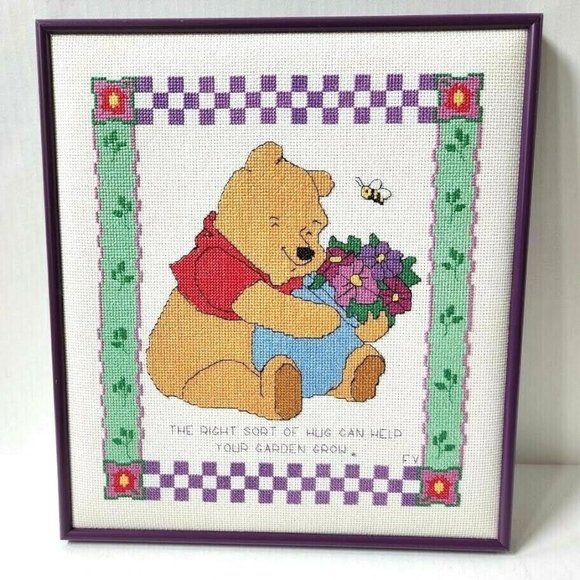 Homemade Other - Winnie the Pooh Framed Cross Stitch Nursery Right Sort of Hug Helps Garden Grow